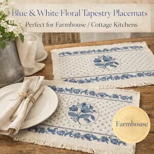 Blue White Floral Tapestry Placemats Fringe Cottage Farmhouse Set of 10